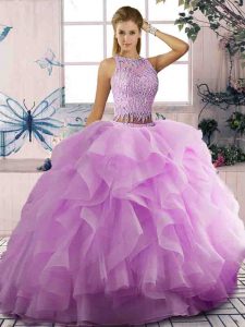 Perfect Floor Length Lilac 15 Quinceanera Dress Tulle Sleeveless Beading and Ruffles