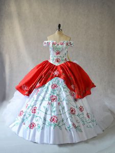 Designer White And Red Lace Up 15 Quinceanera Dress Embroidery and Ruffled Layers Sleeveless