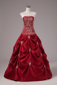 Luxury Floor Length Lace Up Ball Gown Prom Dress Wine Red for Sweet 16 and Quinceanera with Embroidery and Pick Ups