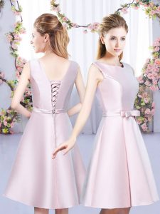 Colorful Sleeveless Satin Mini Length Lace Up Court Dresses for Sweet 16 in Baby Pink with Bowknot