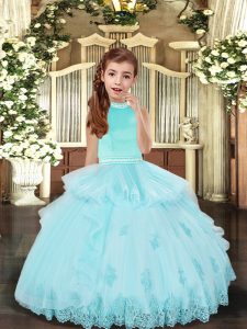 High End Floor Length Ball Gowns Sleeveless Aqua Blue Little Girl Pageant Dress Backless