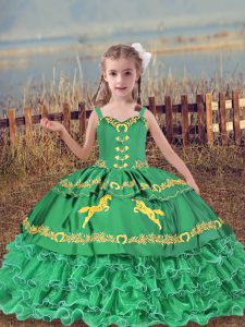 Latest Turquoise Sleeveless Beading and Embroidery and Ruffled Layers Floor Length Little Girls Pageant Gowns