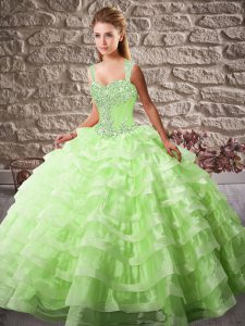 Elegant Straps Sleeveless Sweet 16 Dress Court Train Beading and Ruffled Layers Organza