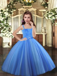 Lovely Straps Sleeveless Lace Up Pageant Dress for Teens Blue and Yellow And White Tulle