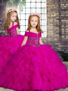 Straps Sleeveless Lace Up Little Girls Pageant Gowns Fuchsia Tulle