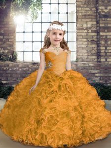 Amazing Fabric With Rolling Flowers Sleeveless Asymmetrical Child Pageant Dress and Beading
