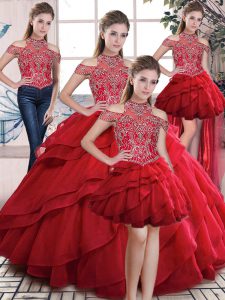 Gorgeous Red 15th Birthday Dress Sweet 16 and Quinceanera with Beading and Ruffles High-neck Sleeveless Lace Up
