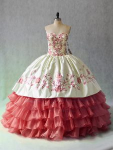 Cute White And Red Quinceanera Gown Sweet 16 and Quinceanera with Embroidery and Ruffled Layers Sweetheart Sleeveless Lace Up