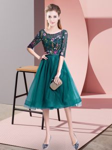 Teal Lace Up Scoop Embroidery Dama Dress for Quinceanera Tulle Half Sleeves