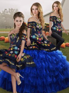 Blue And Black Off The Shoulder Lace Up Embroidery and Ruffled Layers Quinceanera Dress Sleeveless
