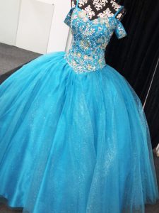 Sleeveless Floor Length Beading Lace Up Quinceanera Gowns with Baby Blue