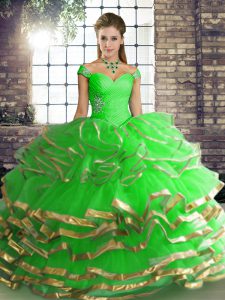 Classical Floor Length Lace Up Sweet 16 Dresses Green for Military Ball and Sweet 16 and Quinceanera with Beading and Ruffled Layers