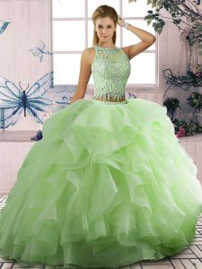 Delicate Two Pieces Quinceanera Gowns Yellow Green Scoop Tulle Sleeveless Floor Length Lace Up