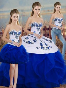 Pretty Sleeveless Tulle Floor Length Lace Up Sweet 16 Dresses in Royal Blue with Embroidery and Ruffles and Bowknot