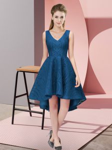 High Low Zipper Damas Dress Navy Blue for Wedding Party with Lace