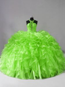 Halter Top Sleeveless Organza Sweet 16 Quinceanera Dress Beading and Ruffles Brush Train Zipper