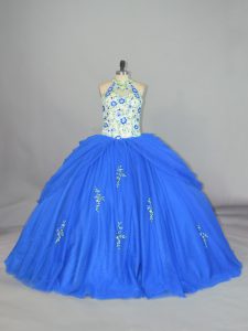 Lovely Blue Ball Gowns Tulle Strapless Sleeveless Appliques and Embroidery Floor Length Lace Up 15 Quinceanera Dress