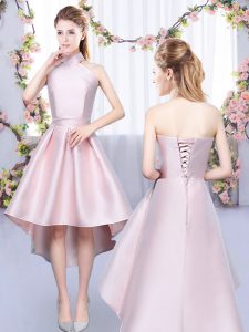 Unique Sleeveless Satin High Low Lace Up Quinceanera Dama Dress in Baby Pink with Ruching