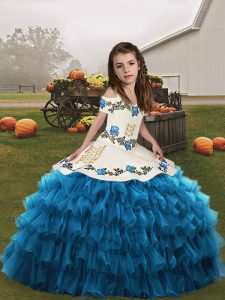 Nice Embroidery and Ruffled Layers Little Girl Pageant Gowns Blue Lace Up Sleeveless Floor Length