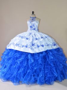 Cheap Royal Blue Lace Up Quinceanera Dresses Embroidery and Ruffles Sleeveless Court Train