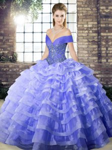 Off The Shoulder Sleeveless Quince Ball Gowns Brush Train Beading and Ruffled Layers Lavender Organza