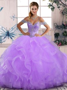 Pretty Floor Length Lavender Sweet 16 Quinceanera Dress Off The Shoulder Sleeveless Lace Up