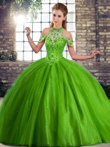Sweet Brush Train Ball Gowns Sweet 16 Dress Green Halter Top Tulle Sleeveless Lace Up