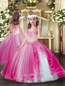Simple Sleeveless Tulle Floor Length Lace Up Kids Pageant Dress in Hot Pink with Beading