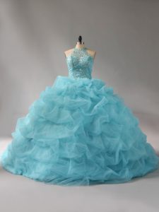 Suitable Aqua Blue Ball Gowns Beading and Pick Ups Vestidos de Quinceanera Lace Up Organza Sleeveless