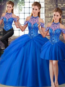 Vintage Blue Sleeveless Beading and Pick Ups Lace Up Quinceanera Gowns