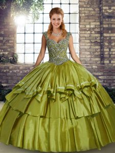 Olive Green Quinceanera Gown Military Ball and Sweet 16 and Quinceanera with Beading and Ruffled Layers Straps Sleeveless Lace Up