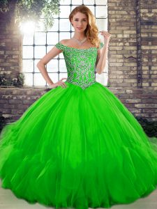 Floor Length Green Quinceanera Dress Tulle Sleeveless Beading and Ruffles