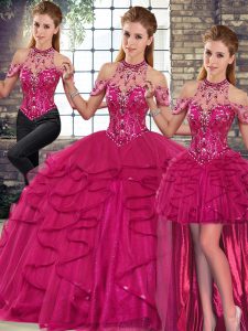 Fine Fuchsia Three Pieces Tulle Halter Top Sleeveless Beading and Ruffles Floor Length Lace Up Sweet 16 Quinceanera Dress