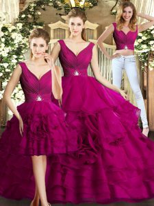 Fuchsia Organza Backless Quinceanera Dress Sleeveless Floor Length Beading and Ruffles