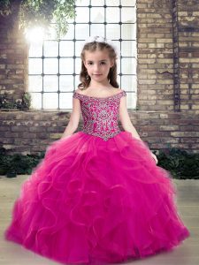 Tulle Sleeveless Floor Length Girls Pageant Dresses and Beading and Ruffles