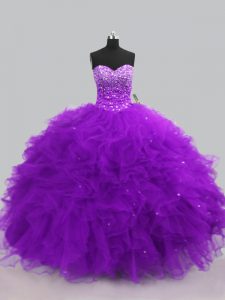 Extravagant Purple Ball Gowns Sweetheart Sleeveless Tulle Floor Length Lace Up Beading and Ruffles Quince Ball Gowns