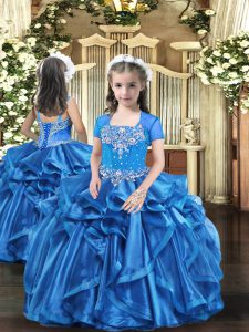 Baby Blue Organza Lace Up Little Girls Pageant Dress Wholesale Sleeveless Floor Length Beading and Ruffles