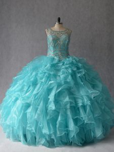 Aqua Blue Ball Gowns Beading and Ruffles Quince Ball Gowns Lace Up Organza Sleeveless Floor Length