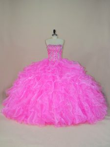 Fancy Pink Strapless Lace Up Beading and Ruffles Ball Gown Prom Dress Sleeveless