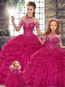 Shining Halter Top Sleeveless Sweet 16 Dresses Floor Length Beading and Ruffles Fuchsia Tulle