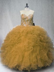 Sweetheart Sleeveless 15th Birthday Dress Floor Length Beading and Ruffles Olive Green Tulle