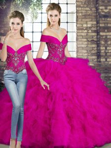 Free and Easy Floor Length Two Pieces Sleeveless Fuchsia Quinceanera Gowns Lace Up