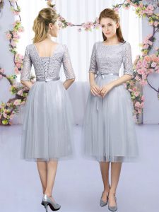Tea Length Lace Up Vestidos de Damas Grey for Wedding Party with Lace and Belt
