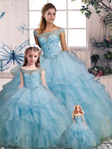 Latest Off The Shoulder Sleeveless Vestidos de Quinceanera Floor Length Beading and Ruffles Light Blue Organza