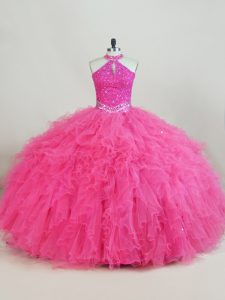 Smart Halter Top Sleeveless 15th Birthday Dress Floor Length Beading and Ruffles Hot Pink Tulle