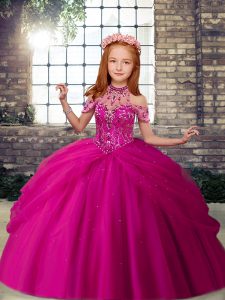 Beading Little Girls Pageant Dress Fuchsia Lace Up Sleeveless Floor Length