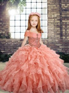 Stunning Straps Sleeveless Lace Up Kids Pageant Dress Peach Organza