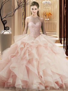 Best Pink Sleeveless Organza Brush Train Lace Up Quince Ball Gowns for Sweet 16 and Quinceanera