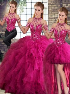 Charming Fuchsia Three Pieces Halter Top Sleeveless Tulle Floor Length Lace Up Beading and Ruffles Quinceanera Dresses