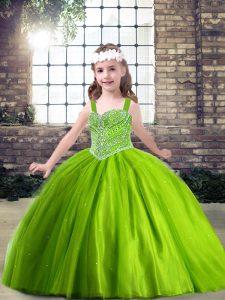 Perfect Green Tulle Lace Up Sleeveless Floor Length Pageant Dress for Teens Beading